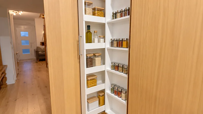 Colonne de cuisine en bois clair avec rangement coulissant vertical pour épices et provisions