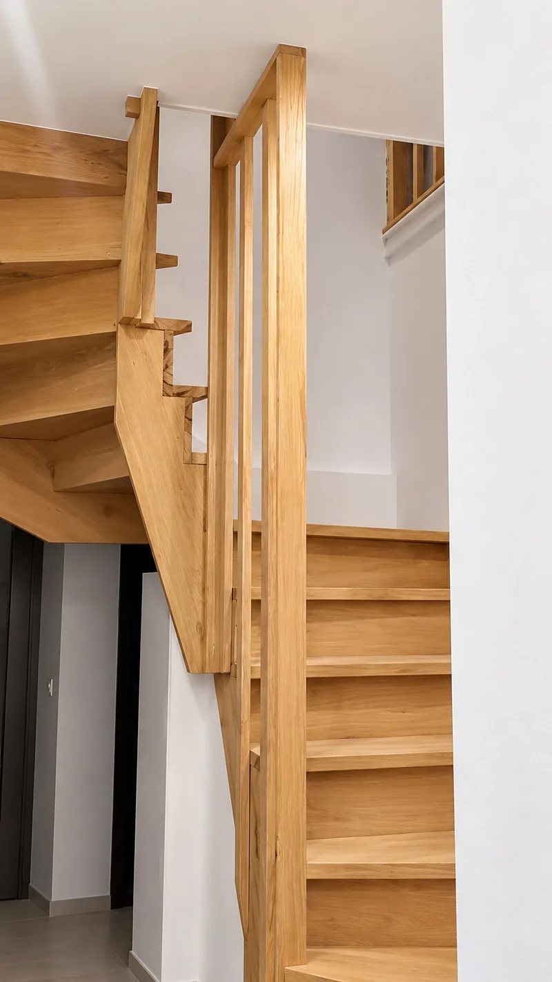 Escalier balancé en bois clair et son garde-corps à barreaux, vu du bas de l'escalier