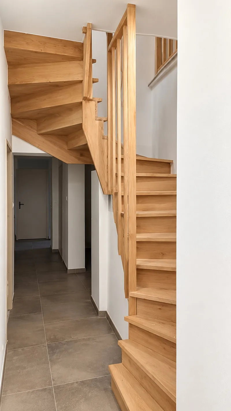 Escalier balancé en bois clair et son garde-corps, vu depuis le couloir