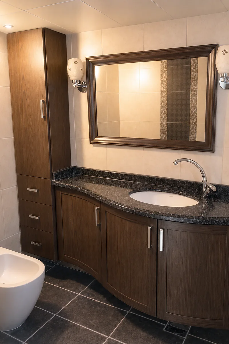 Meuble de salle de bain courbé en bois foncé, avec colonne et miroir encadré
