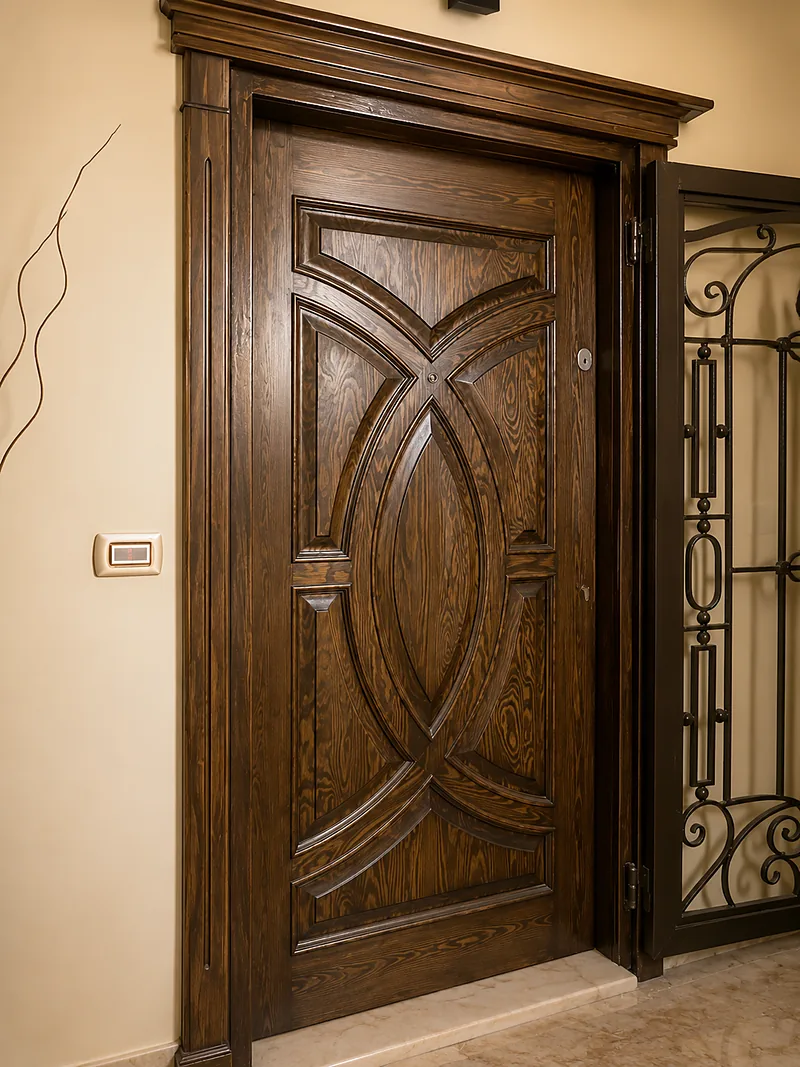 Porte en bois sculptée de motifs en arcs de cercle, sous une corniche