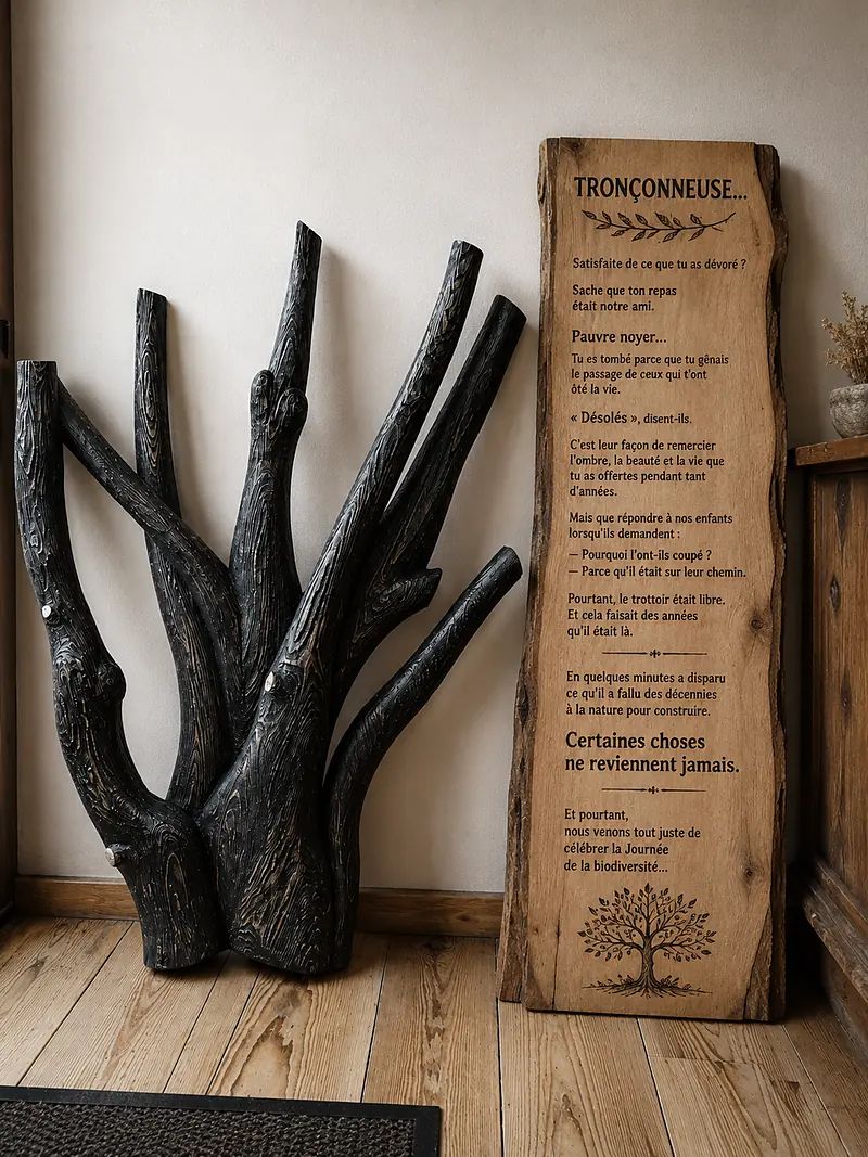 Sculpture en bois en forme de souche, à côté d'une planche gravée d'un poème