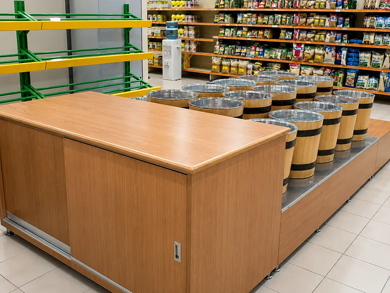 Îlot de présentation en bois avec tonneaux, dans un supermarché